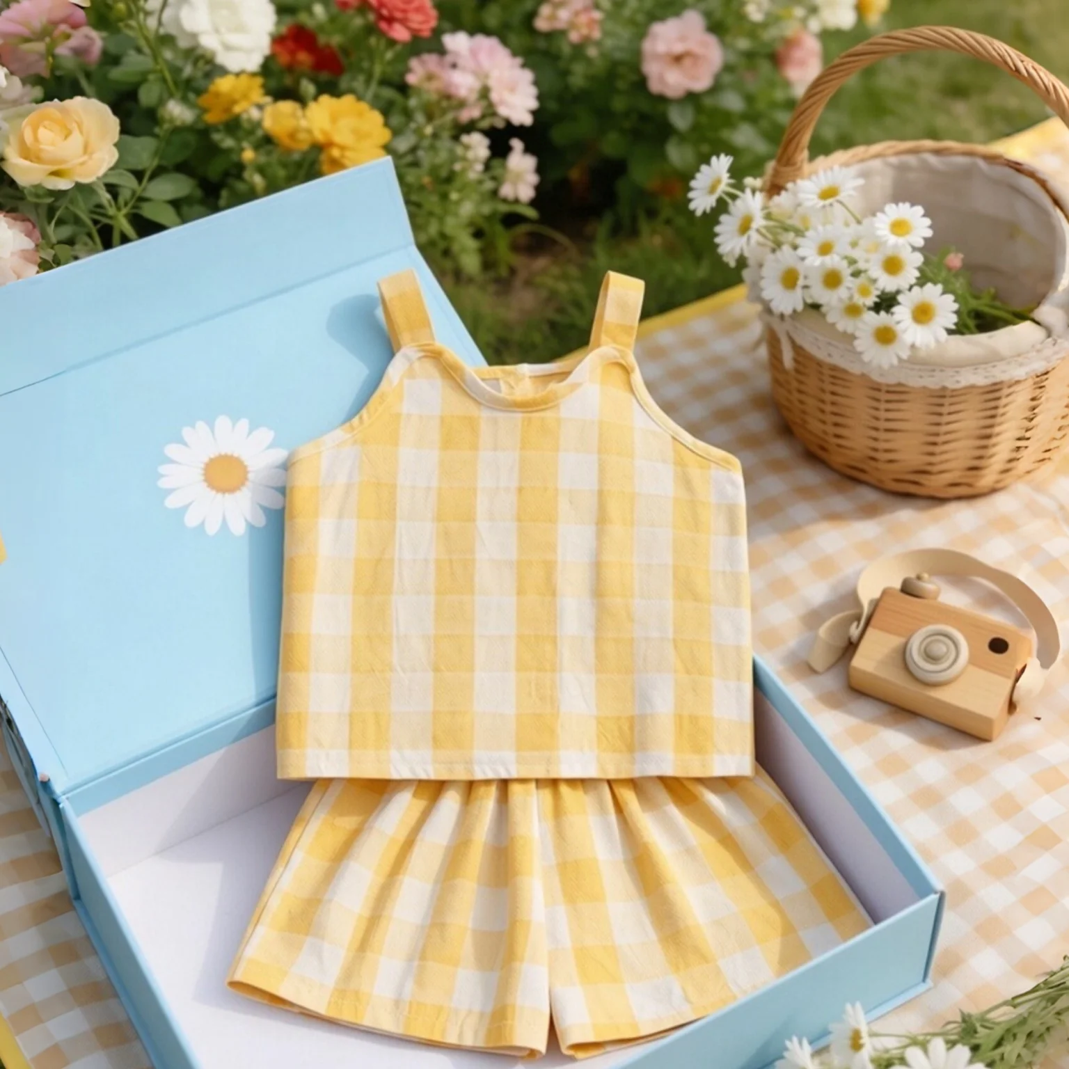 

2pc/Set Baby Girl Summer Outfit Top And Shorts Yellow Plaid Comfortable Daily Outdoor Children Clothes 9 Months - 4 Years