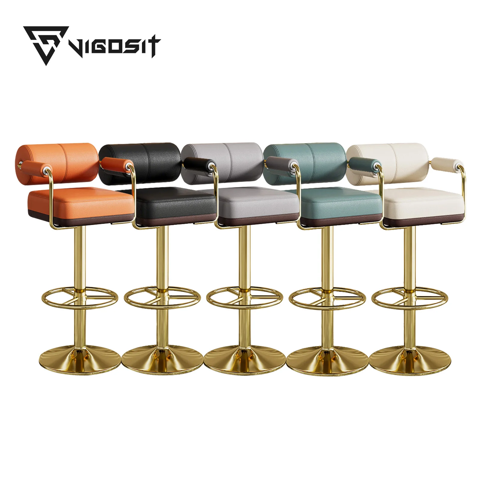 Taburete de bar Vigosit, altura ajustable de 60-82 cm, taburete de bar giratorio con respaldo y reposabrazos, adecuado para cocina y terraza
