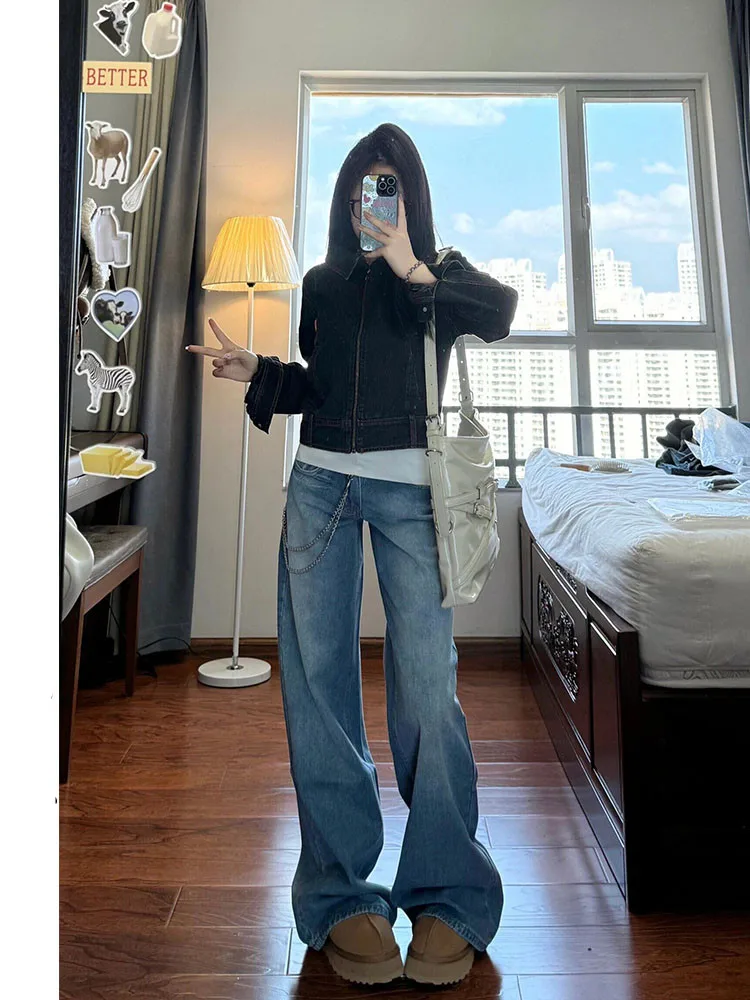 

American Retro Light Blue Wide Leg Jeans Women's Summer Thin Low Waist Slimming Tall Extended Floor-Length Pants