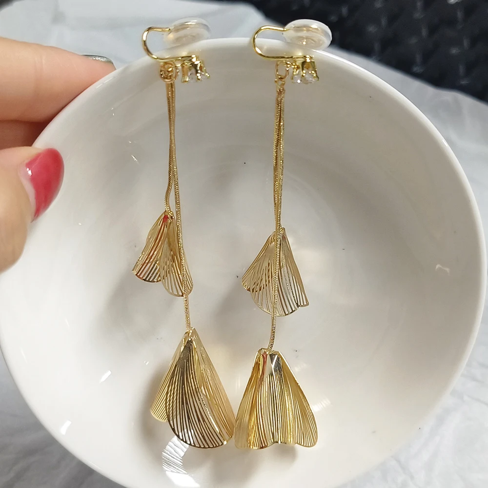 Romantic Flower Petal Long Tassel painless mosquito coil ear clip for Women Trend zircon Hanging stud Earrings Wed Jewelry Gift