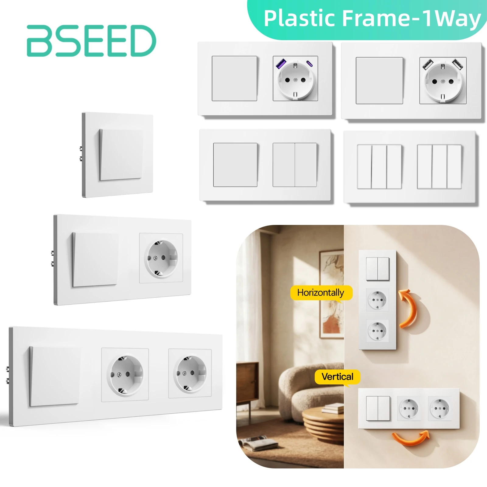 BSEED Push Button Switch Light Switch White Plastic Frame Wall Power Sockets USB-C Phone Charge E-Series EU Standard 1 Way