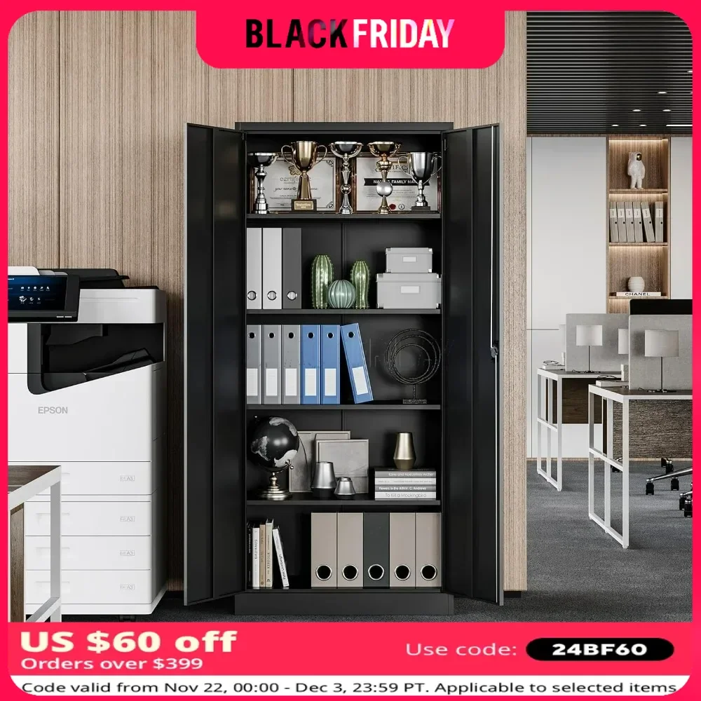 

Metal Storage Cabinet with 5 Adjustable Shelves, Pantry Cabinet with 2 Doors Storage Cabinets