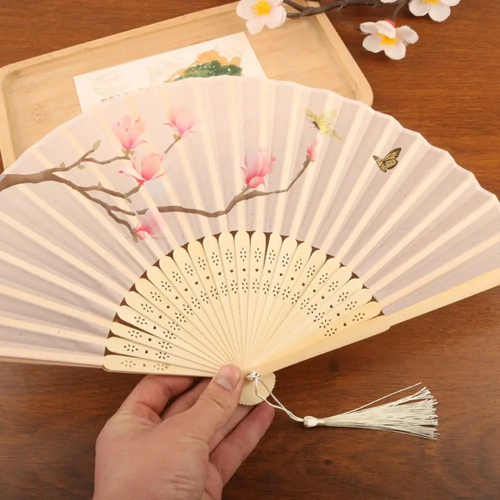 New Silk Chinese Japanese Folding Fan Bamboo Colorful Shank Classical Dance Fan Hand Fan Home Decoration