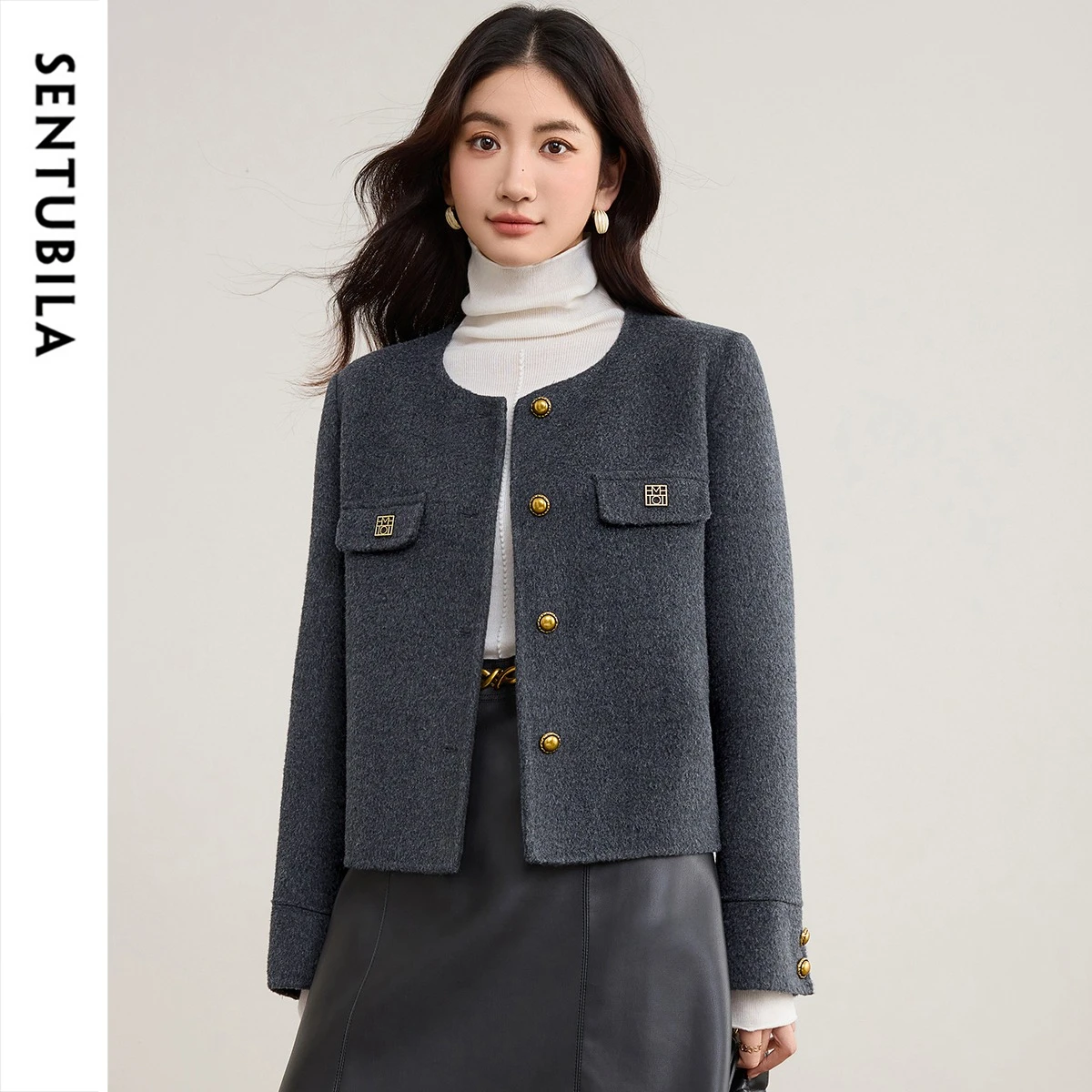 SENTUBILA Winter Pure Wool Coat 2026 Women's Double Faced Warm Cropped Jacket Round Neck Tweed Ladies Outerwear W54OF8773