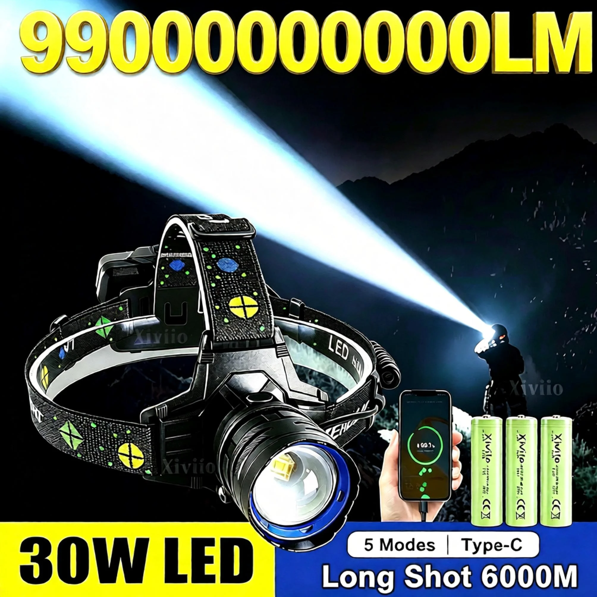 99000000000LM Long Shot 6000M Headlight Ultra Bright LED Headlamp Type-C Rechargeable Zoom Head Torch for Outdoor Fishing Hiking