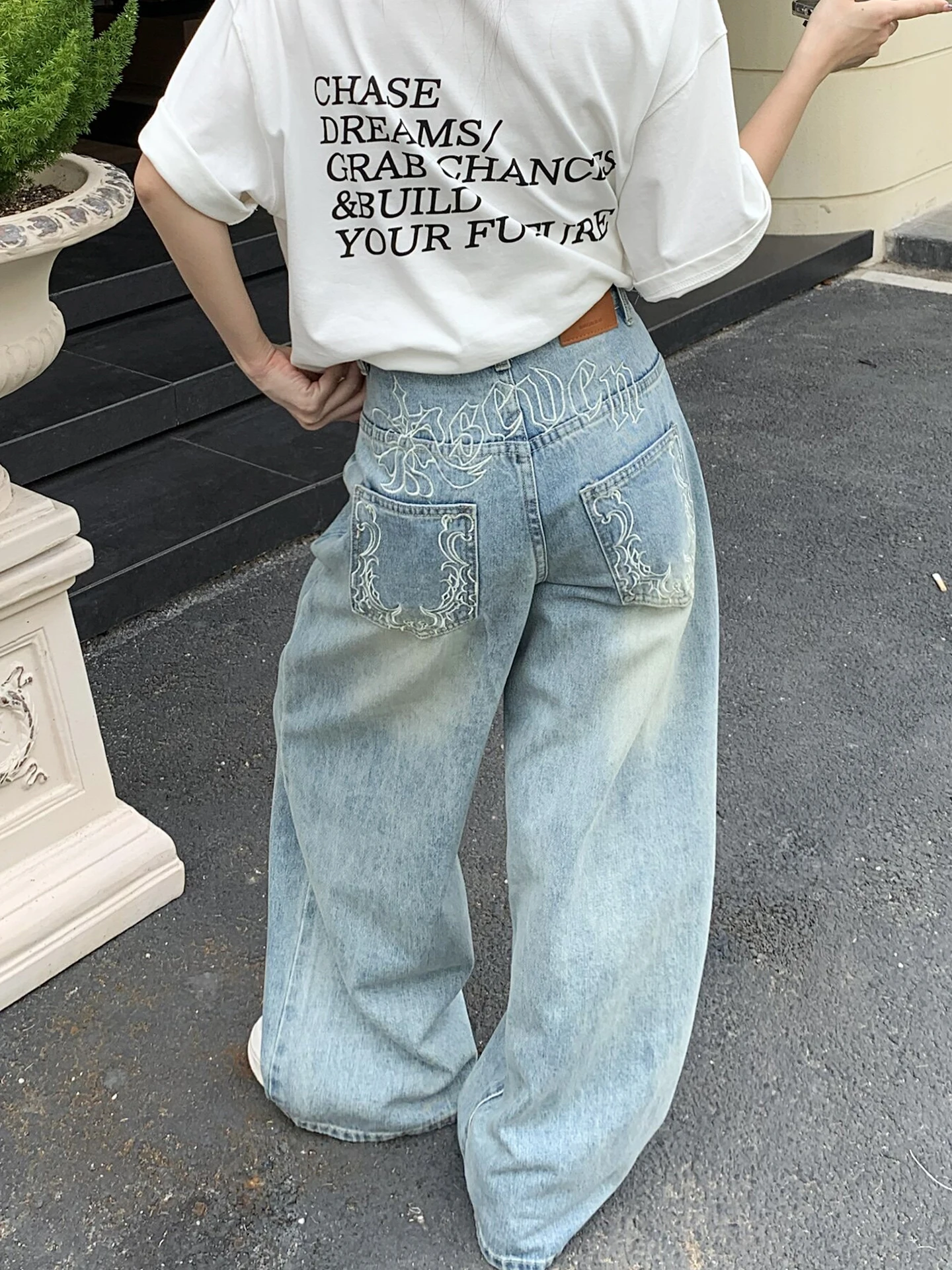 

Retro Embroidered Light Blue Straight Leg Jeans Women's Loose Wide Leg Pants Design Sensation Casual Cotton Blend Jeans