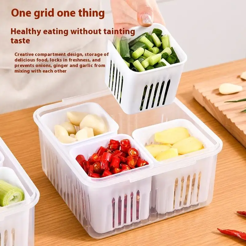 

Ящик для хранения в холодильнике, 4-сетка, ящик для хранения продуктов, овощей, фруктов, органайзер для холодильника, сливная корзина, мясо, лук, имбирь, прозрачный хрустящий