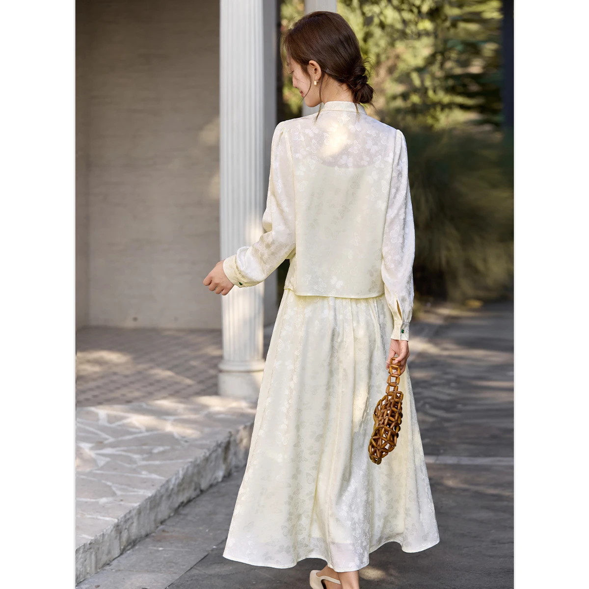 VIMLY Women's New Chinese Two Piece Set 2026 Spring Fashion Butterfly Jacquard Color Block Frog Buttons Casual Skirt Sets A3886