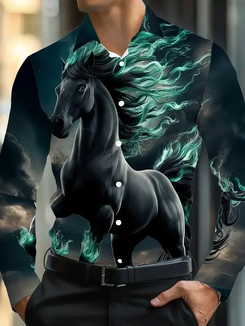 Men's New Impressionist Pattern 3D Printed Ocean Art Flower Pattern Men's Long Sleeved Button Comfortable Lapel Casual Shirt Top