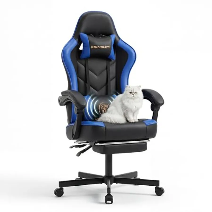 Gaming desk chair for adults: blue leather, high-back ergonomic design with footrest, lumbar support, swivel mechanism, and poc
