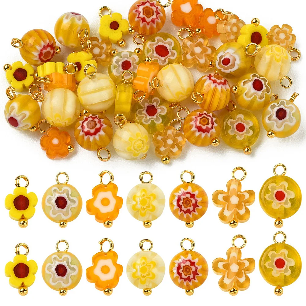 35pcs Mixed Millefiori Glass Bead Charms Yellow Flower Pattern Round Floral Pendants for DIY Earrings Bracelet Necklace Jewelry