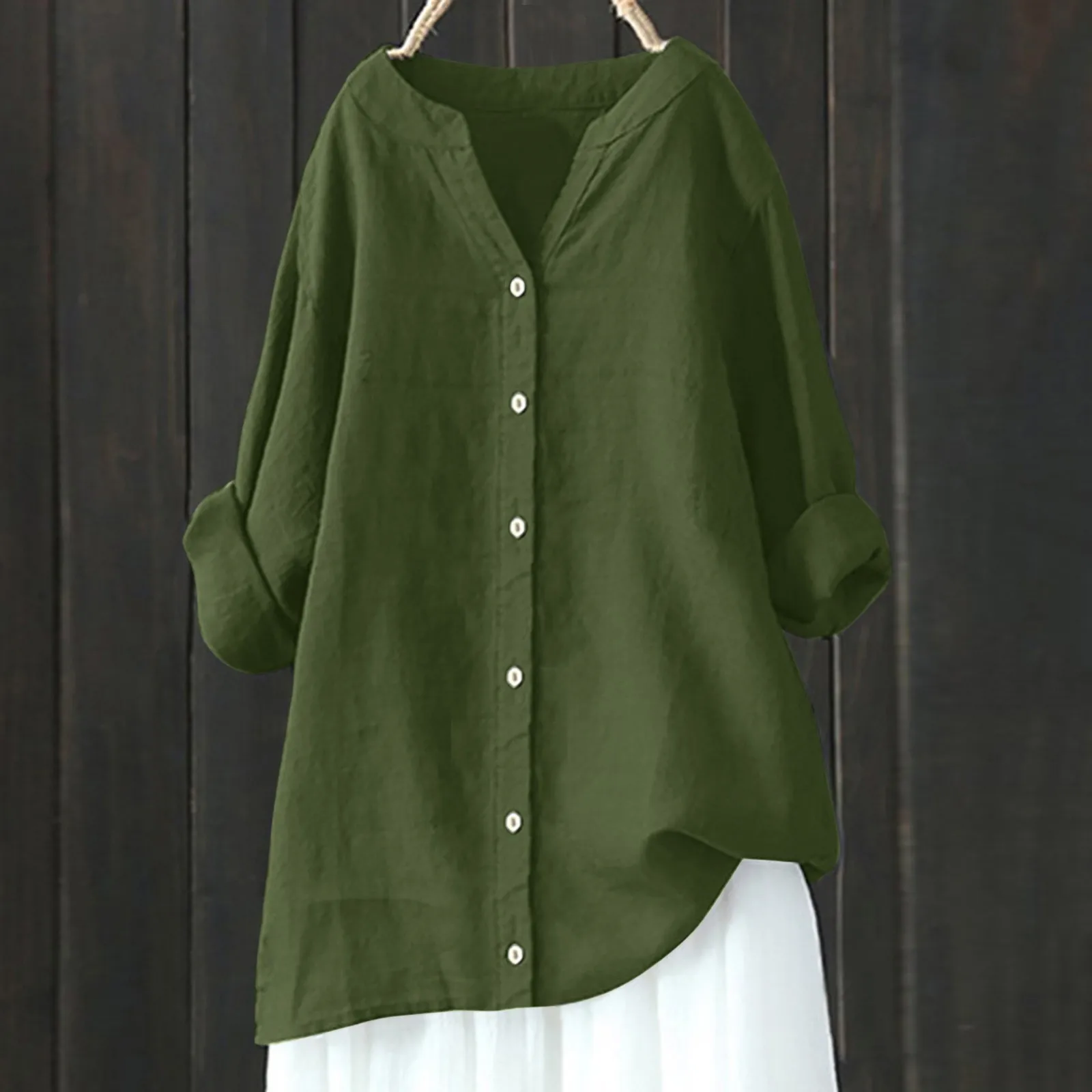 Chemises et chemisiers en lin de coton à manches longues, col montant, tuniques en Y, monochromatique, grande taille, décontracté, printemps, automne