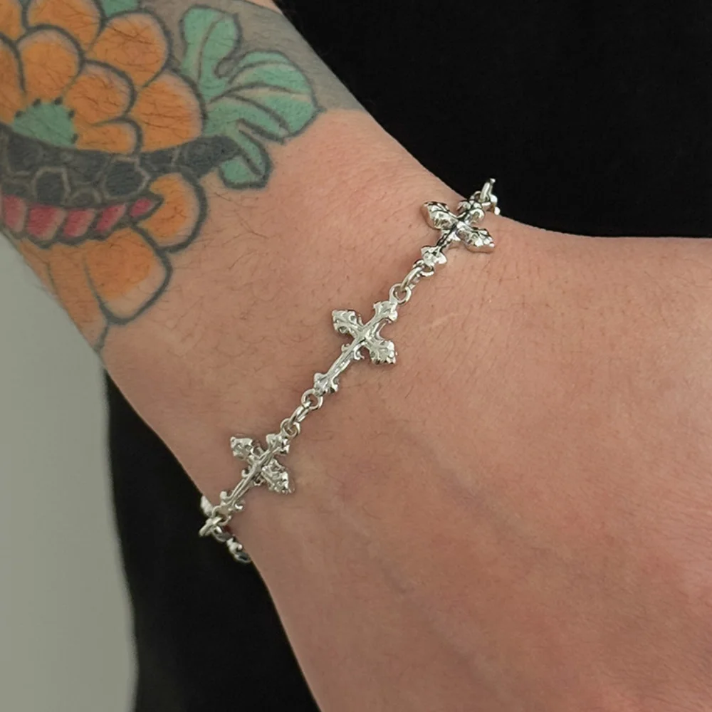 Vintage Silver Plated Gothic Cross Chain Bracelet Minimalist Punk Hip Hop Bracelet for Women Men Trendy Daily Wear Jewelry Gift