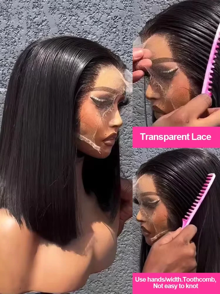 13x4 180% 밀도 숏 보브 스트레이트 브라질리언 레미 헤어 HD 투명 레이스 풀 레이스 프론탈 가발 100% 인모 여성용