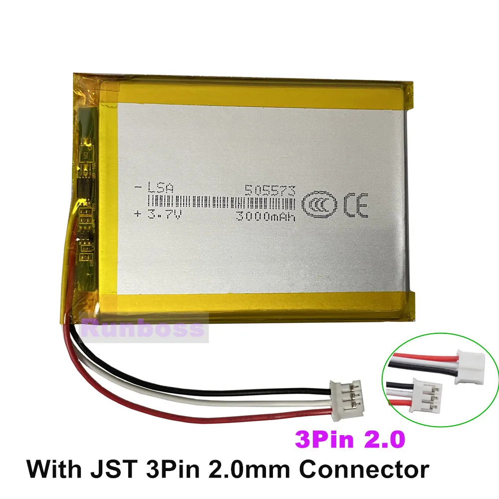 505573 3.7V 3000mAh With JST 3P 2.0mm Connector Rechargeable Battery for MP3 MP4 GPS Bluetooth Headset Speaker DashCam LED Light