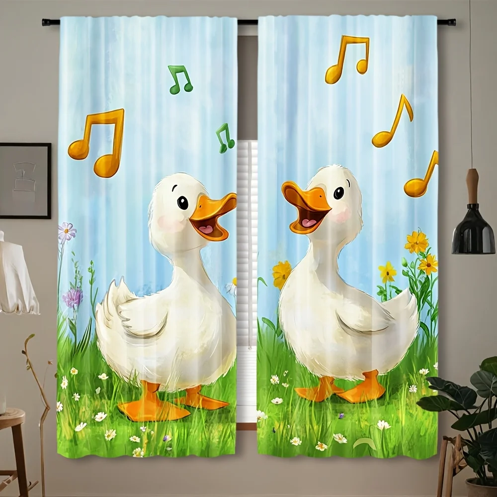 2D плоские, 35x90 дюймов * 2 шт., китайские шторы с мультяшной уткой - мама и поющая лугу с цветами, полупрозрачный полиэстер 2D плоские, 35x90 дюймов * 2 шт., китайские шторы с мультяшной уткой - мама и поющая лугу с цветами, полупрозрачный полиэстер