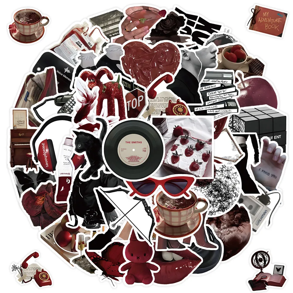 50 Pieces Red & Black Themed Stickers - Decorative Decals for Journals, Phone Cases & Laptops Golden Memory Stickers Store