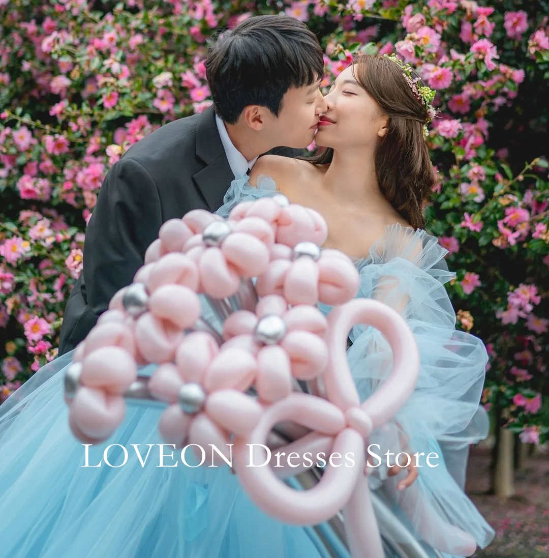 Loveon ชุดเดรสราตรีผ้าทูลจับจีบสไตล์เกาหลีชุดงานพรอมสีฟ้าสำหรับผู้หญิงสำหรับงานปาร์ตี้เจ้าสาว