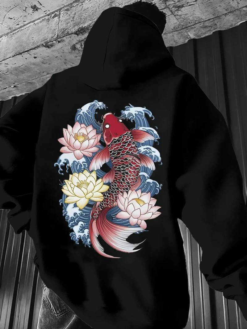 

2025 Autumn and Winter Men's Heavyweight Hoodie Japanese Koi Fish Lotus Back Print High-end Luxury Is for Both Men and Women Top