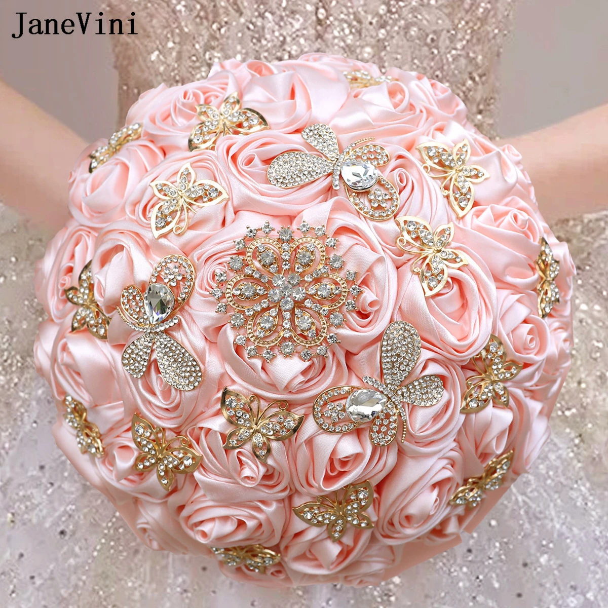 JaneVini New Luxury Butterfly Rhinestone Jewelry Bridal Bouquets for Wedding Handmade Satin Roses European Bride Bouquet Flowers