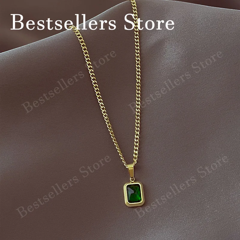 925 Sterling Silver 18-Inch Charm Necklace with Emerald and Zircon—Elegant, Feminine, Fashionable, Party, Gift Jewelry