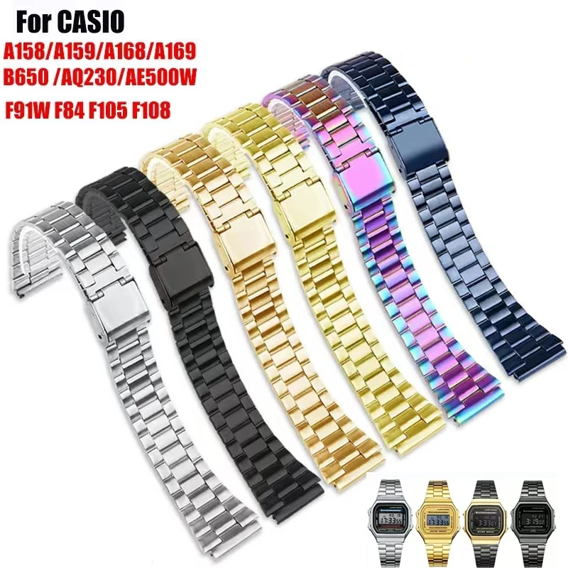 18mm Suitable for Casio strap A158/A159/A168/A169/B650/AQ230/AE500W/F9IW/F84/F105/F108 Stainless Steel Strap