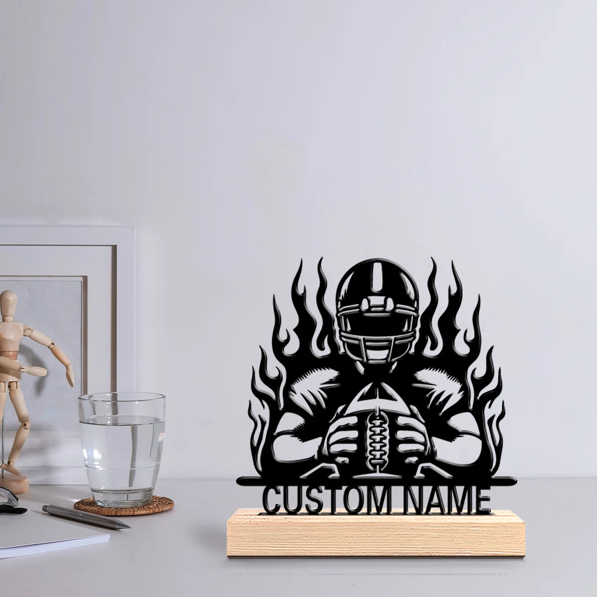 1pc Fashion Rugby Custom Letter Metal Statue Iron Ornament Art Figurine With Wood Base Metal Ornament For Bedroom Desk Decor