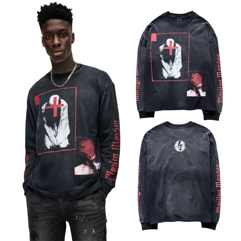 Y2k Streetwear Gothic Graphic T Shirts Hiphop Street Style Cotton Distressed Ripped Vintage Casual Rock Revival Full Sleeve Tees