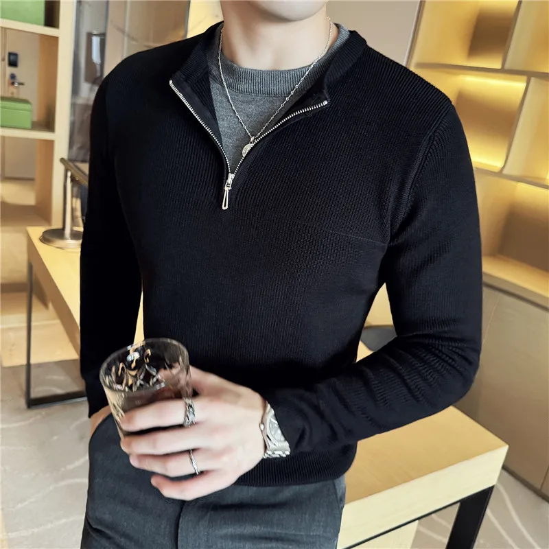 High-quality Men's Color-blocked Pullover Sweater with O-neck, Slim-fit, Keeping Warm Underlayer.Zipper Embellished Knit Sweater