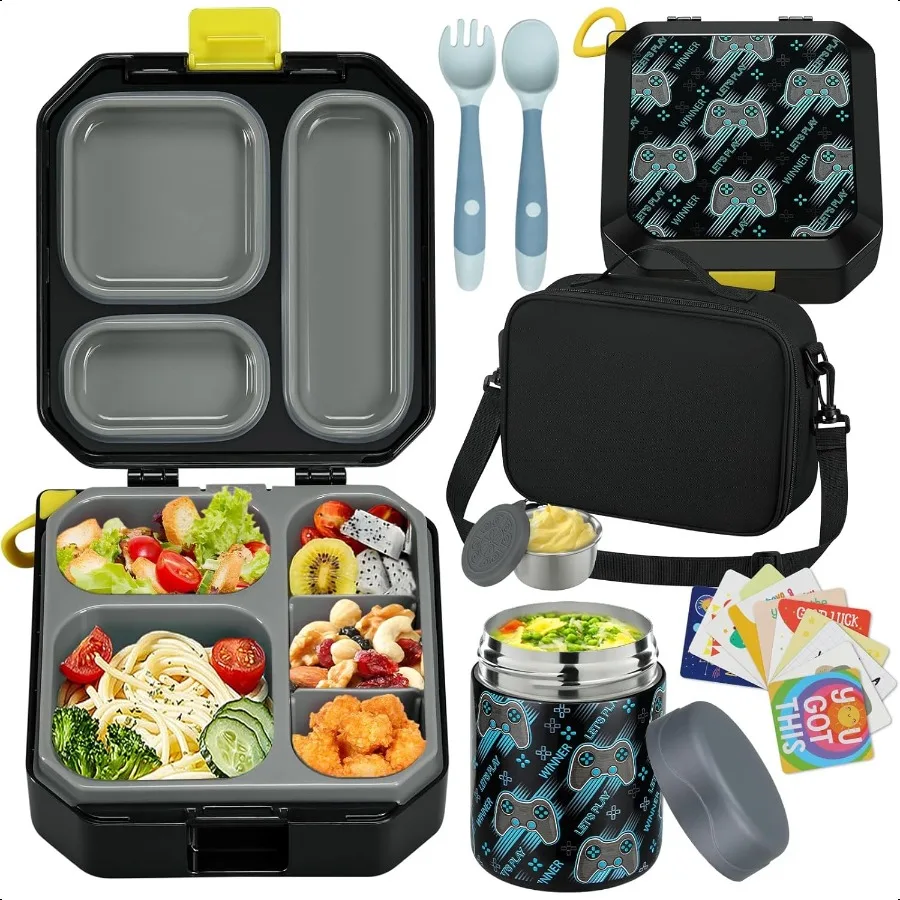 

Bento Lunch Box for with 12oz Soup Thermo LeakProof Lunch Food Container with 5 Compartment Thermo Hot Food Jar and Insulated L