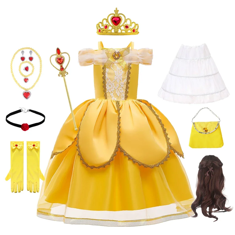 Belle Costume Girl Beauty and Beast Dress Kids Birthday Flower Clothes Children Dinner Costume Dress Up Dress Halloween Disguise