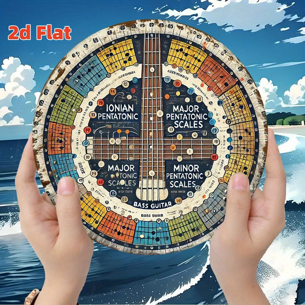 2D Flat Vintage Bass Guitar Chord Chart Metal Sign - Ionian Scale, Major & Minor Pentatonic Music Reference for Studio Wall Deco