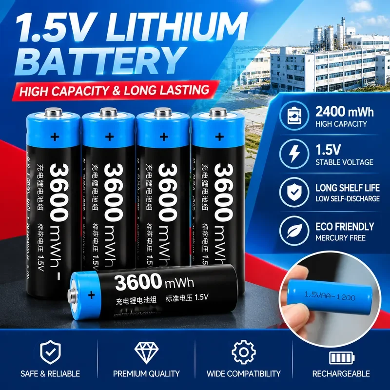200PCS for No. 5 AA Rechargeable Lithium Battery 1.5V High Capacity 4300/3600/2400mWh for Microphone Door Lock