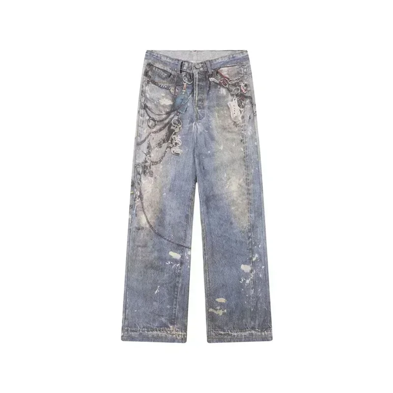 

Spring 3D Chain Printed Baggy Jeans For Men Casual Baggy Straight Denim Trousers Women's High Street Blue Wide-leg Y2K Jean