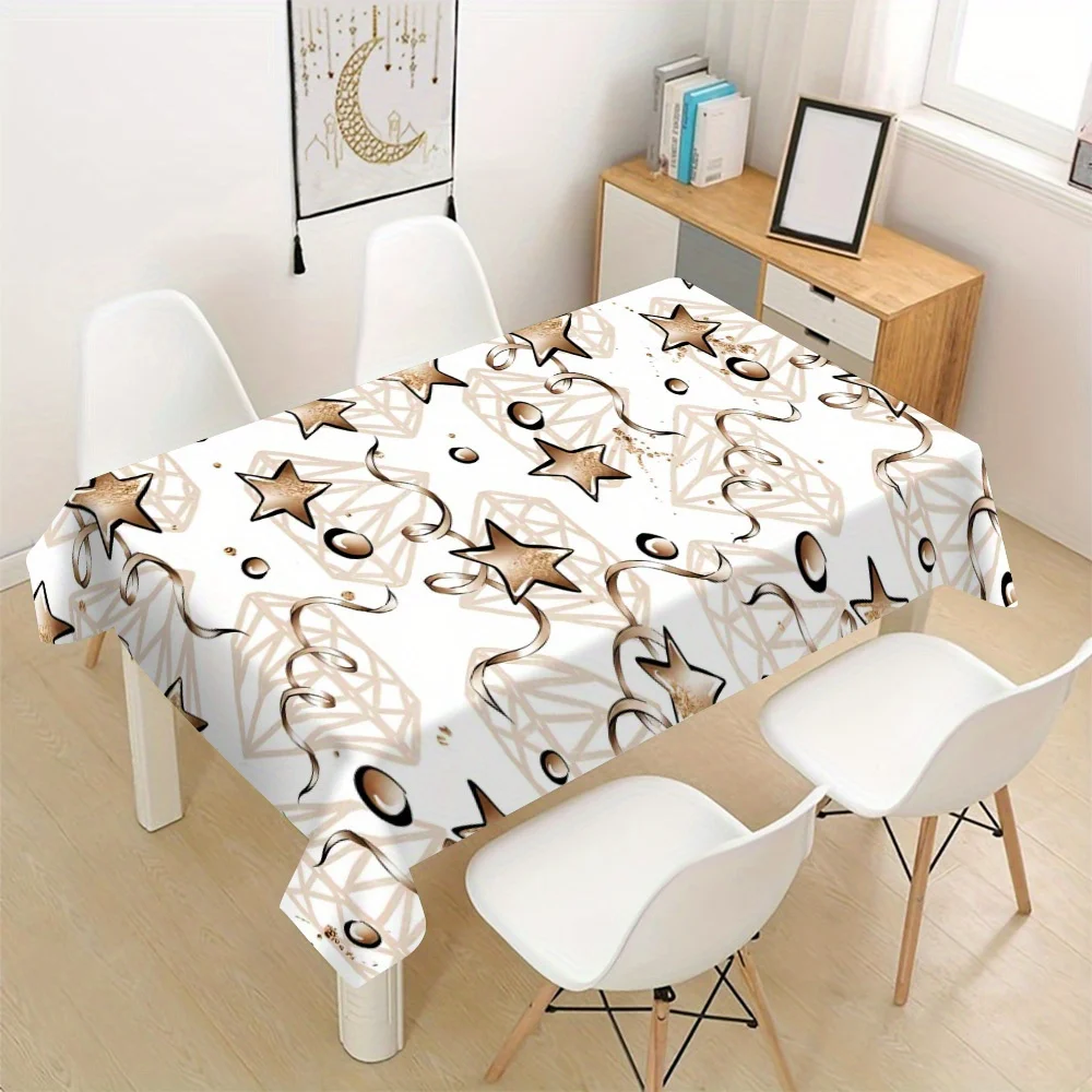 Elegant Gold Star and Crescent Moon Pattern Waterproof Tablecloth for Dining Room and Cafe Decor