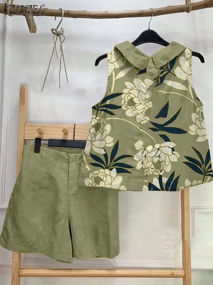 ZANZEA Holiday 2024 Matching Suits Women Summer 2pcs Short Sets Casual Loose Printed Tank and Shorts Fashion Sweety Tracksuit