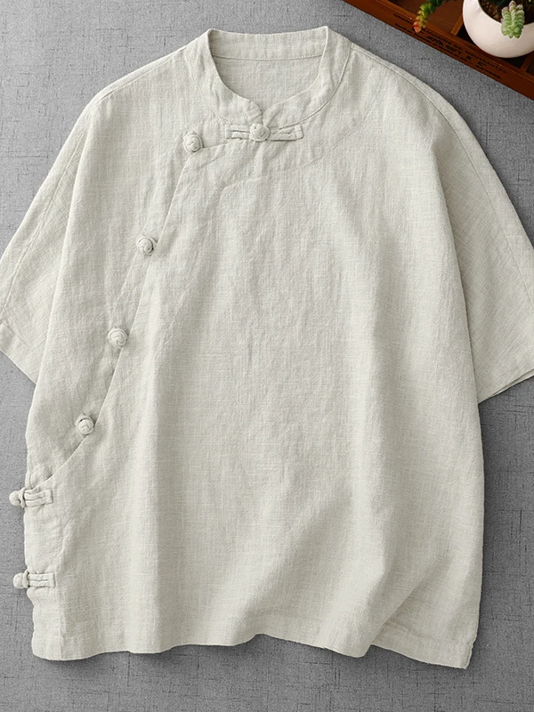 Loose Fit Cotton Linen Short Sleeve Shirt Women's plus Size Traditional Chinese Style Top Korean Japanese Tagless Tea Clothes - view 3