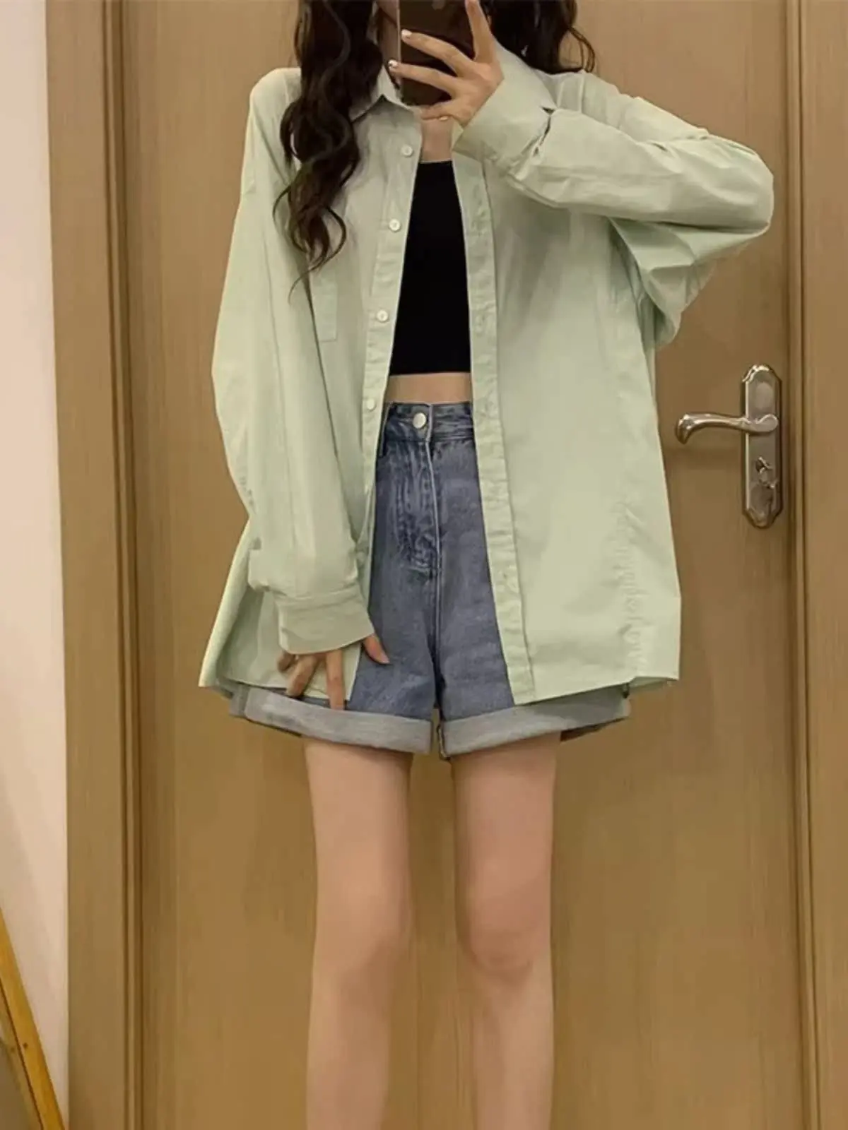 

Женская рубашка с длинными рукавами в японском стиле ретро, тонкая, с защитой от солнца, простой дизайн, однотонная, средней длины, свободная верхняя одежда