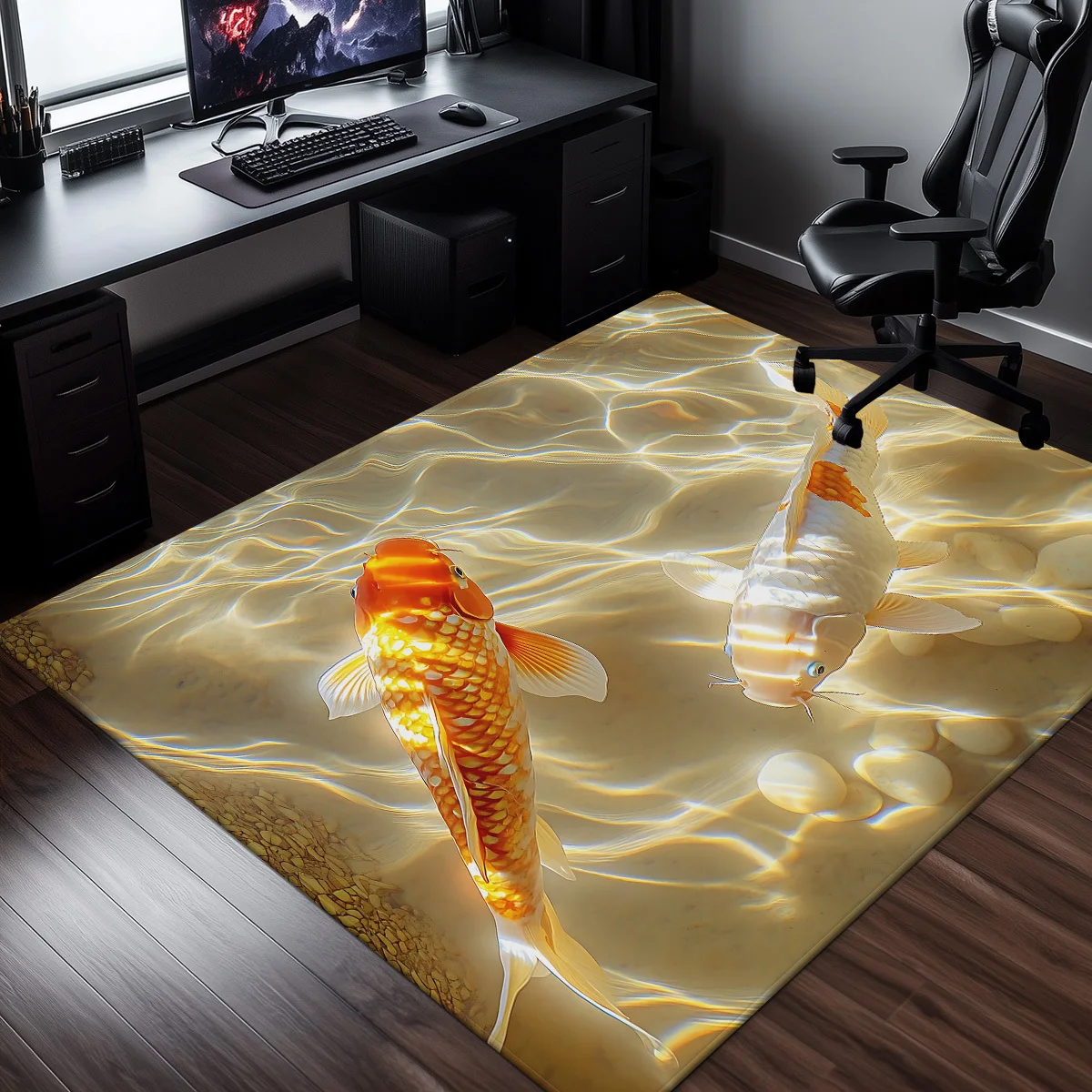 3D Koi Fish Water Ripple Crystal Velvet Rug Nature Inspired Living Room Floor Mat Aquatic Design Anti Slip Home Decoration