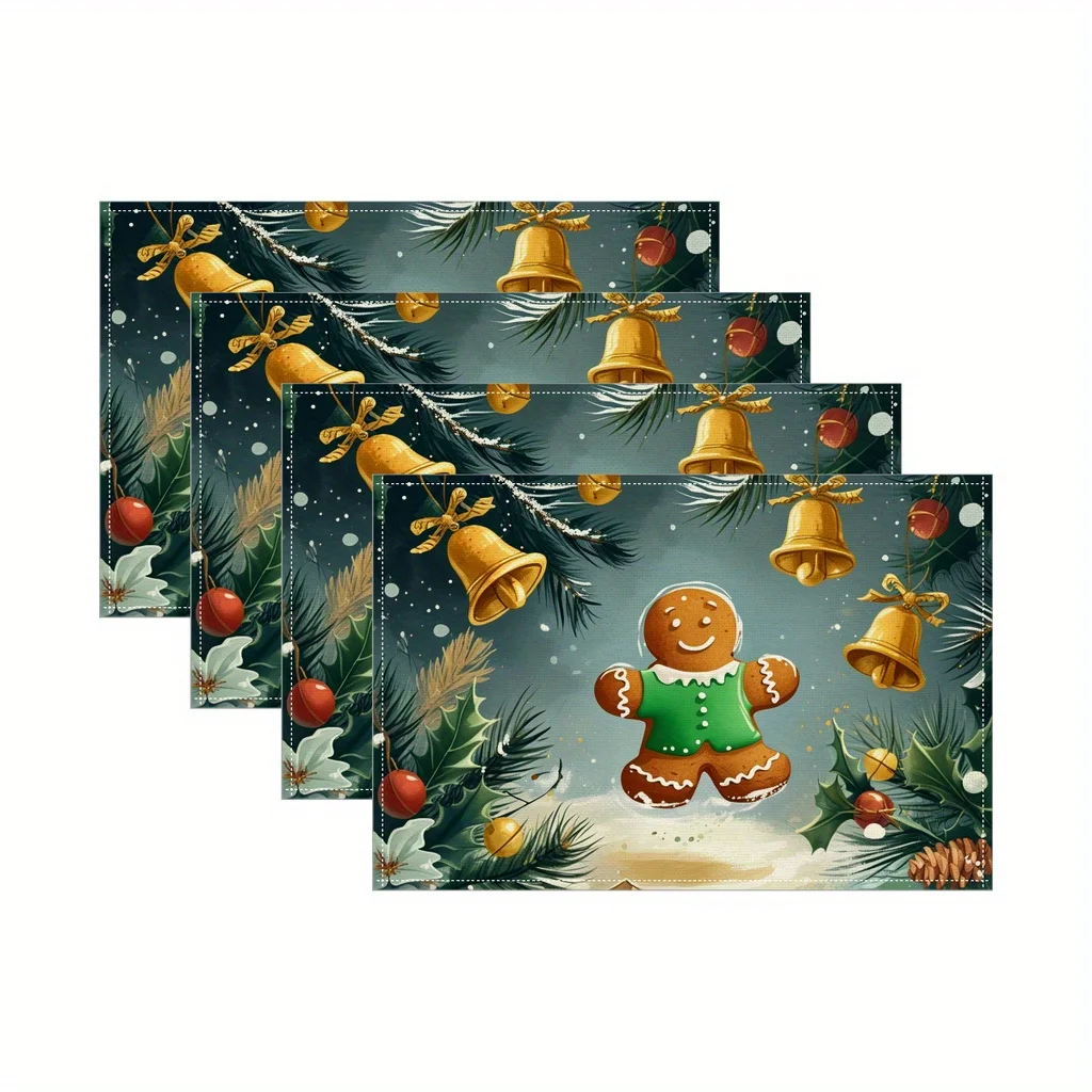 Deep Crimson Border‑decor Table Place‑mats 4Pcs Golden Bell Holly Berry Motif Home Banquet Desktop Layout