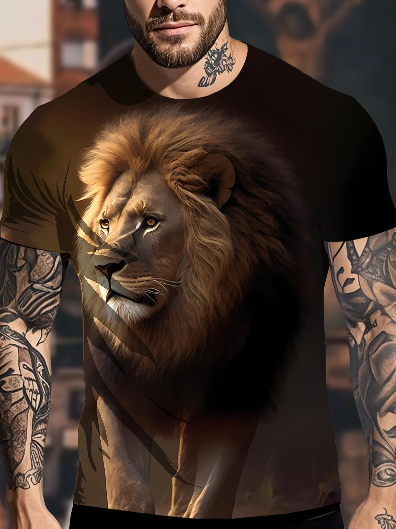 Herren-T-Shirt mit realistischem Löwengesicht-Print in dunklen Tönen, schwarz, Wildtier-Dschungel-Motiv, Rundhalsausschnitt, Kurzarm – Detail 2