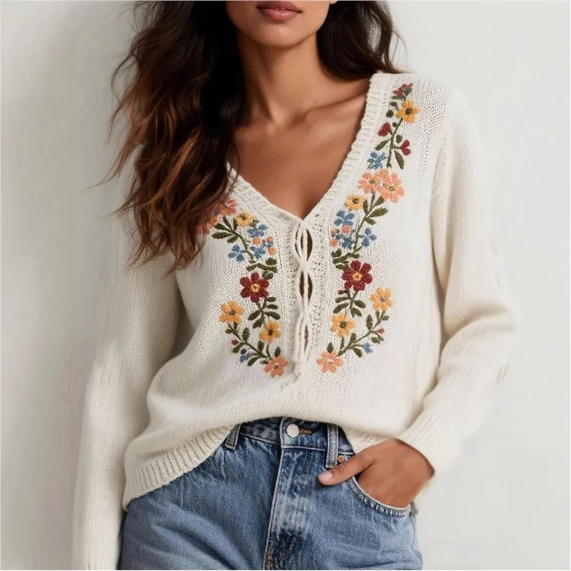 

Retro Handmade Flower Embroidery Knitted Sexy V-neck Sweater Semi Slim Strap Loose Autumn Winter Women's Long Sleeved Top