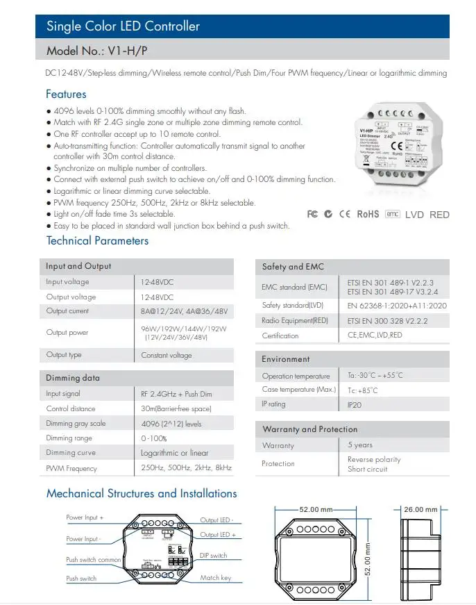 Skydance LED variateur DC 12 V 24 V pour bande LED monochrome assortie avec RF 2.4G télécommande de gradation simple/multiple zone