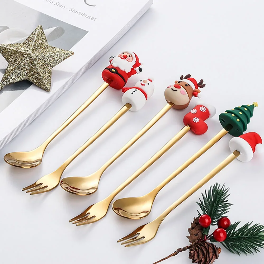 4/6Pcs Christmas Coffee Spoons Forks Set  Stainless Steel Spoon Forks Christmas Gifts for Kids(Red/Green Gift Box Set)