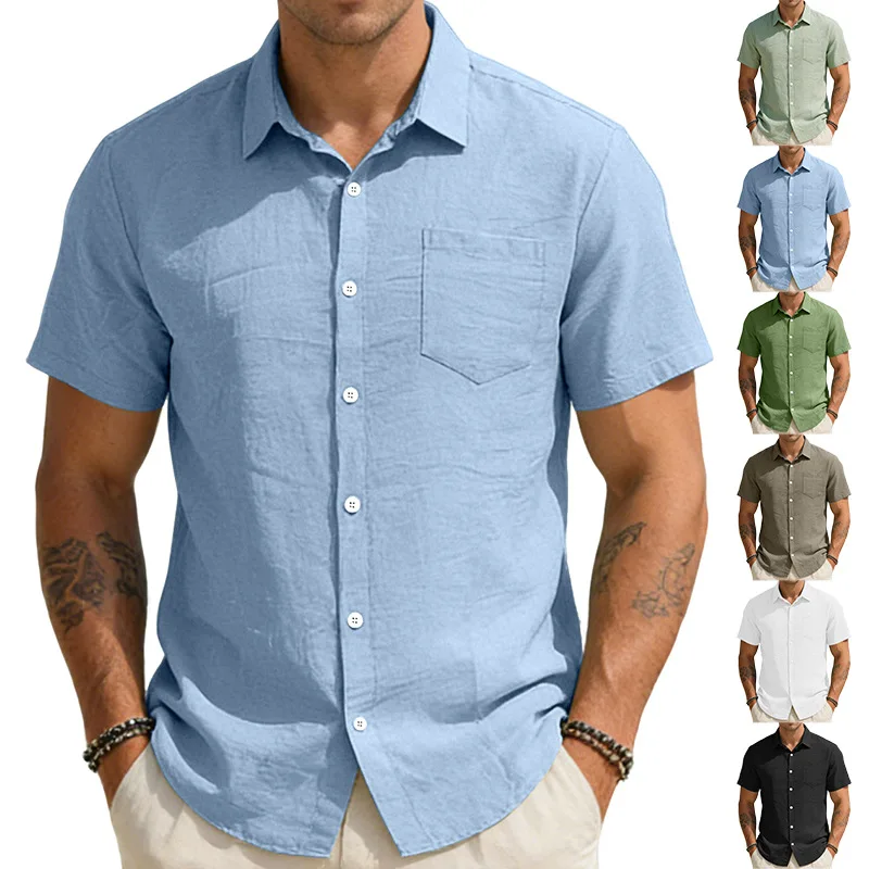 2026 Men's Linen Lapel Short Sleeve Shirt Summer Casual Loose Solid Color Pocket Cardigan Breathable Tops Summer New Men's Shirt