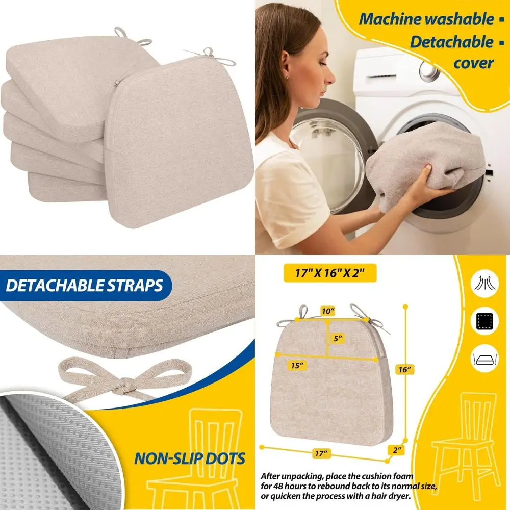 

D-Shaped Chair Cushions Set of 2 - Thick Dining Chair Pads with Ties and Removable, Machine-Washable Cover, 17 x 16 Inches