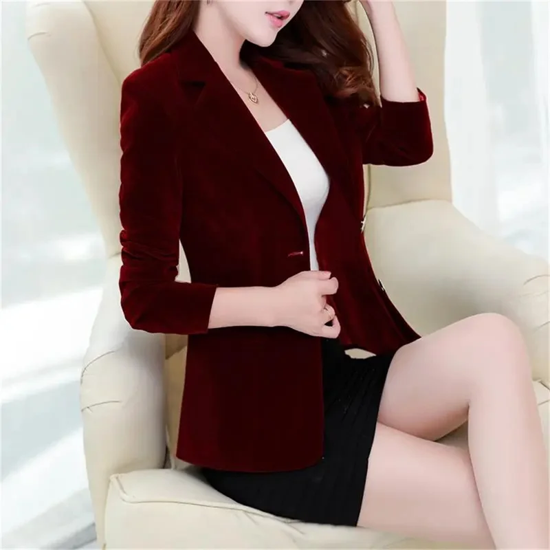 Wine Red Corduroy Suit Coat Women's Blazer 2024 New Autumn/Winter Korean Slim Fit Temperament High Grade Velvet Suit Jacket Blac