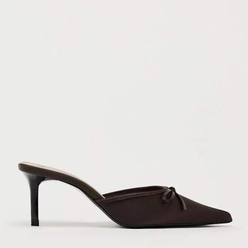 

Fall 2026 Women's Brown Pointed Toe Satin Butterfly Knot High Heel Mule Shoes Slip-On Fashionable Casual Outerwear Footwear