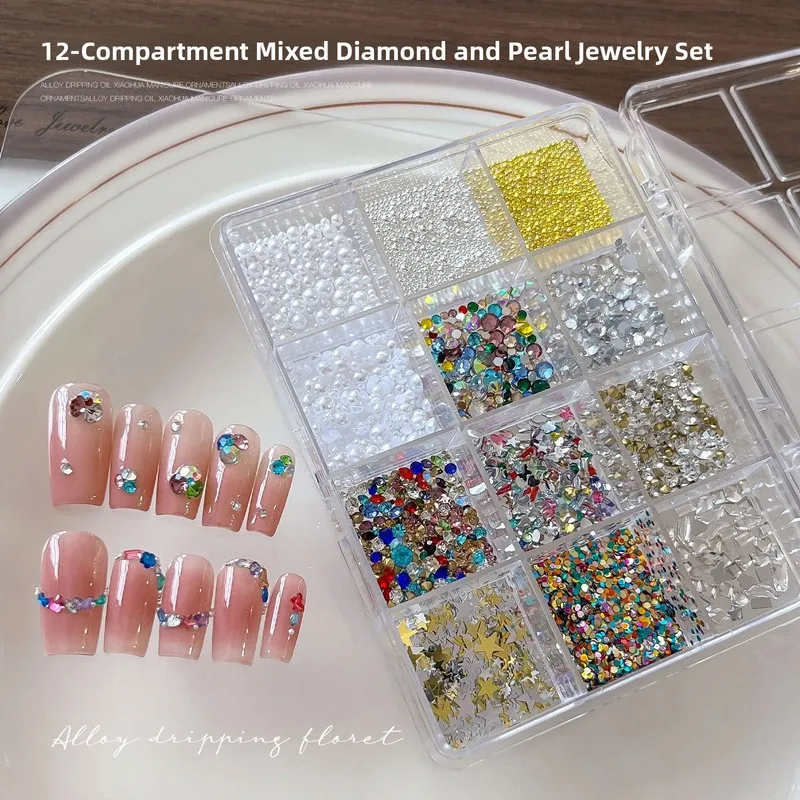 LYLE 12 Grid Sparkly Pearl Mixed Rhinestones Nail Art Charm Set Irregular Gems Star Sequins Boxed Nail Decorations Wholesale Hot