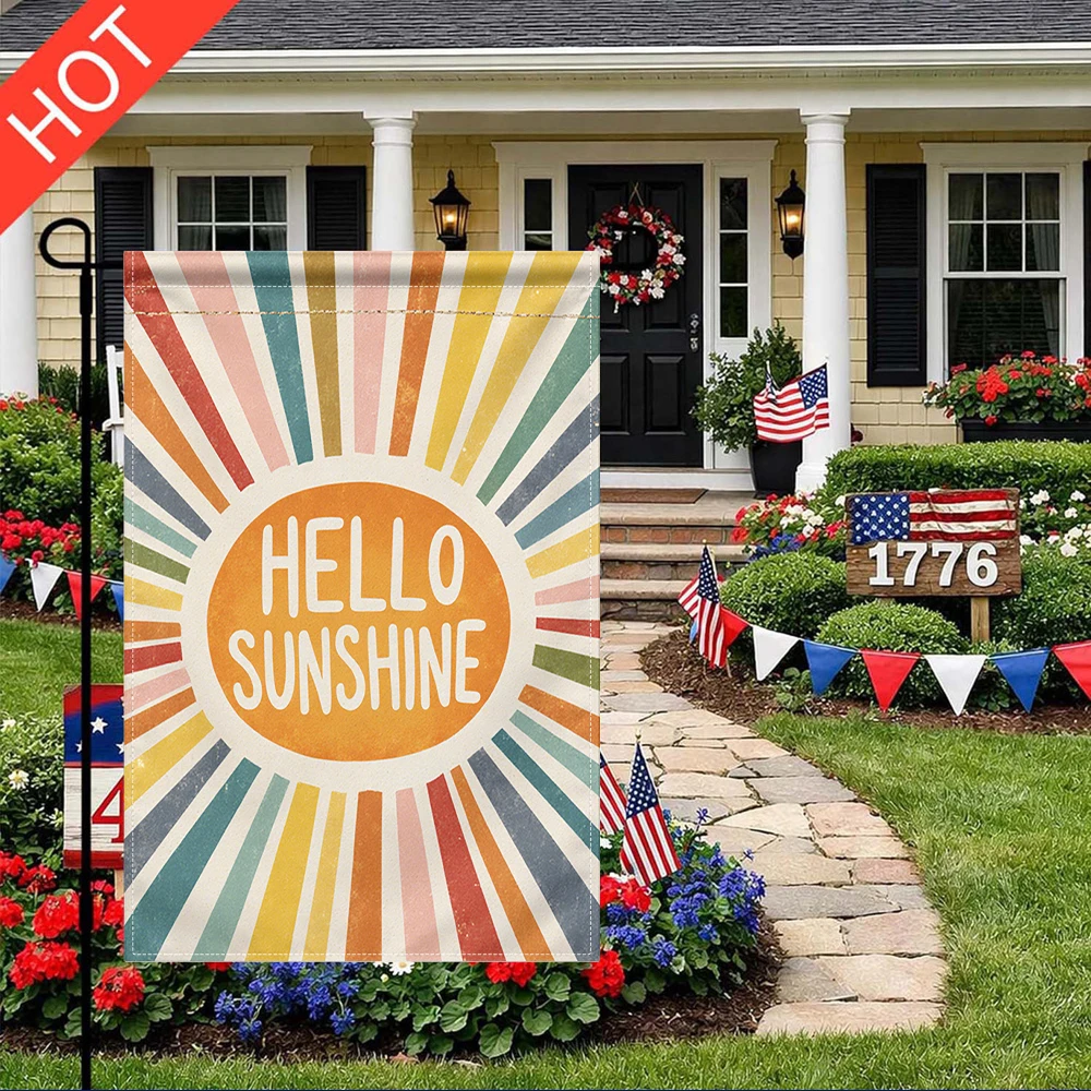 

Hello Sunshine Garden Flag Double Sided Printed No Flagpole Included Retro Rainbow Sunburst Yard Decor